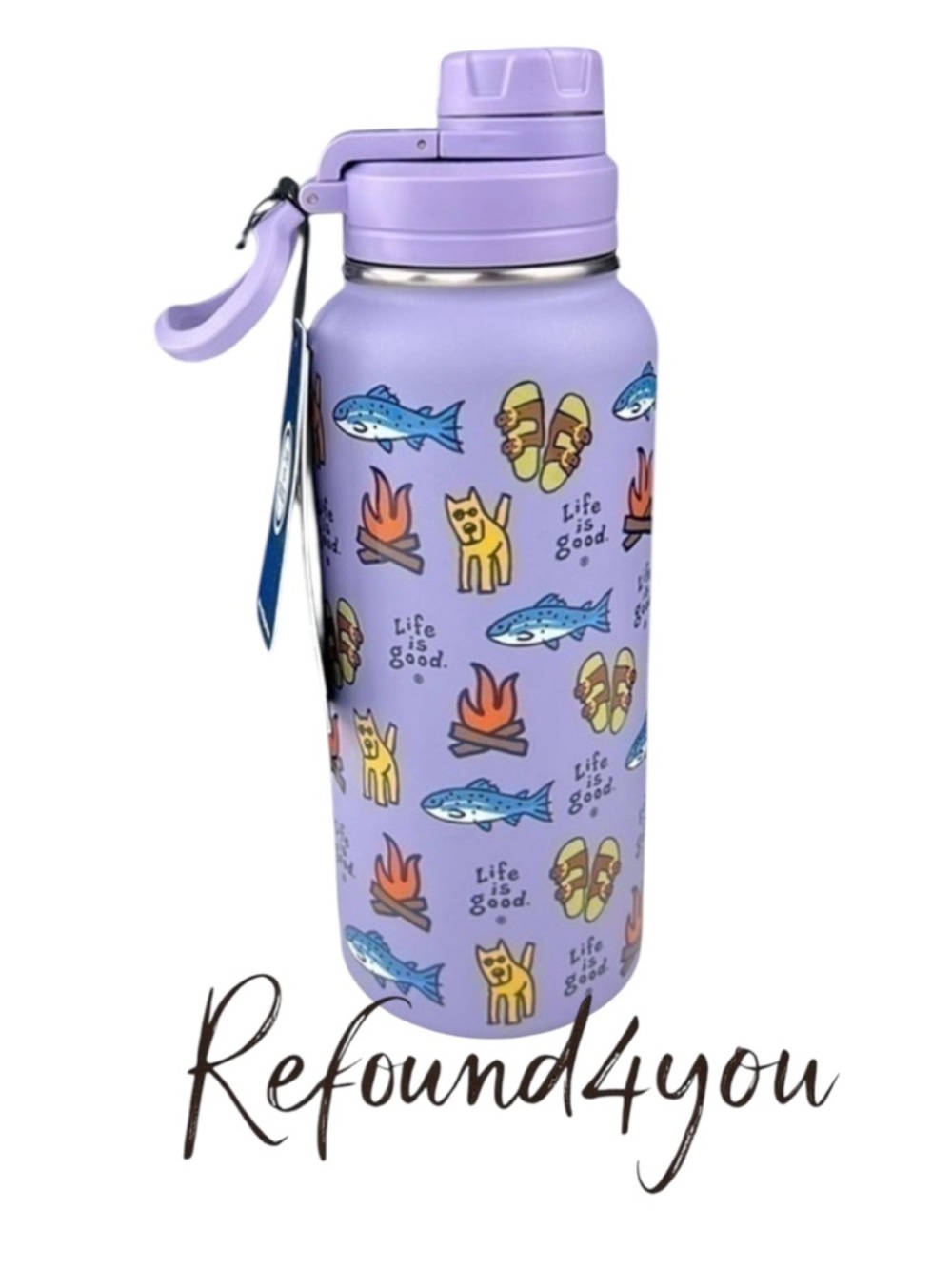 Life is Good - ‘Camp Fire & Fish’ 32oz insulated water bottle. Purple. NWT